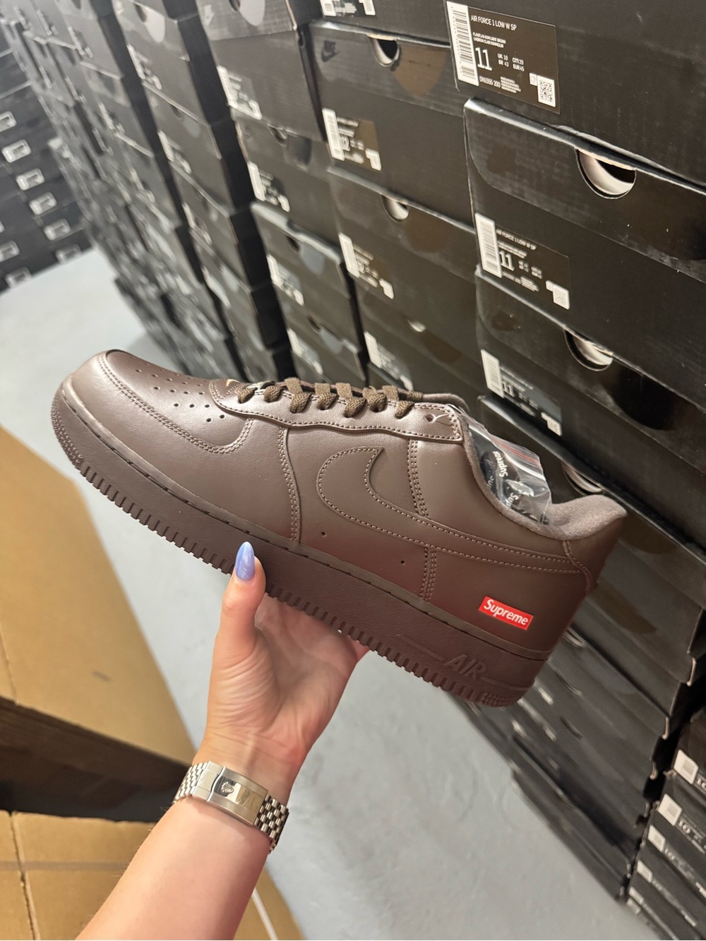 Nike Brown Leather Air Force 1 Low with Red Supreme Tab